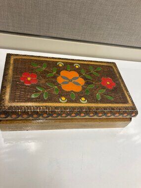 VTG Folkart jewelry box w/pyrography (wood burning) and colored inlay designs